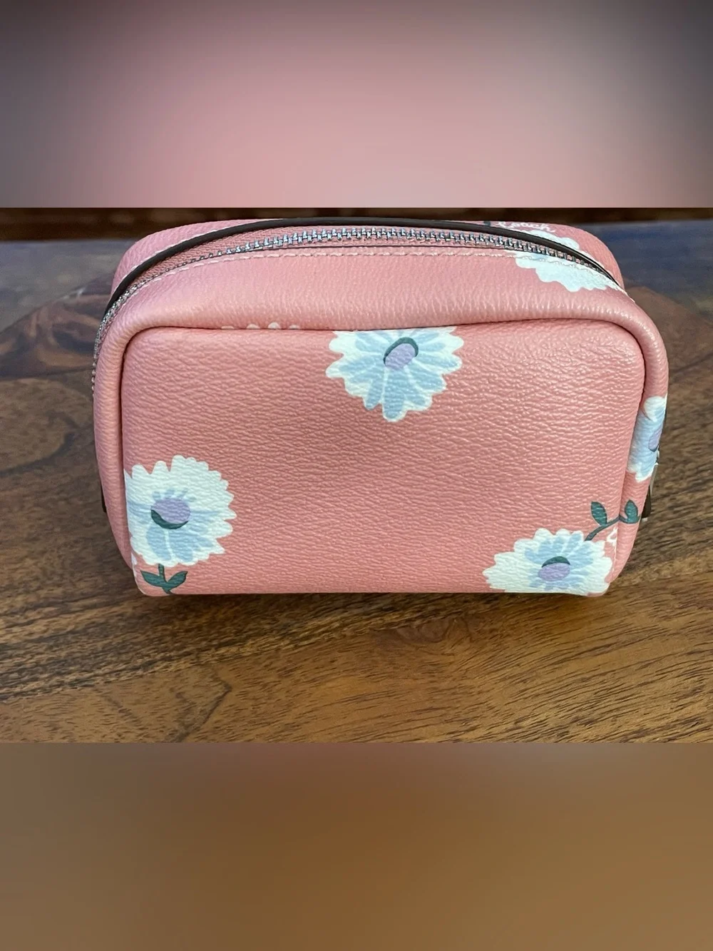 COACH Pink Leather Daisy Print Boxy Small Cosmetic Case C3062